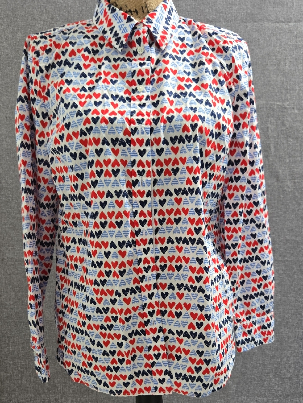 Talbots White Button-Down Shirt with Red & Navy Heart Print Small